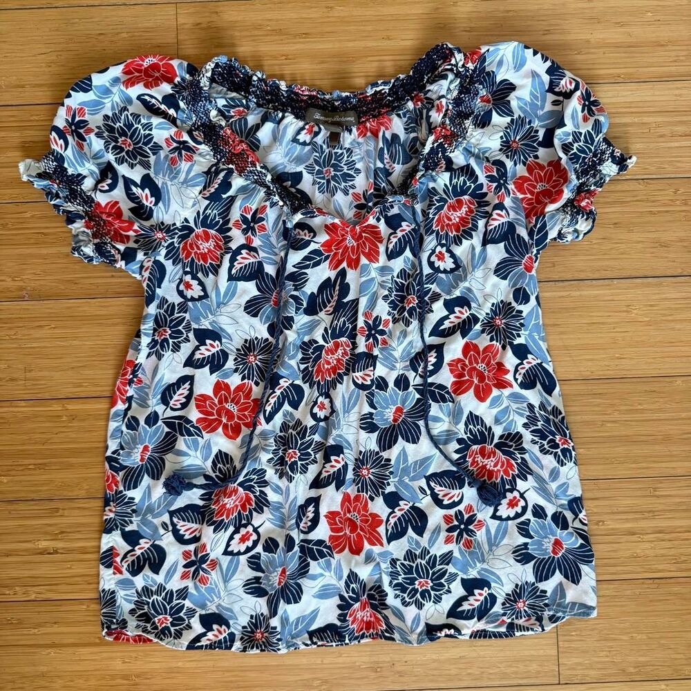 Tommy Bahama Floral Tassel Peasant Blouse 6 Blue Red White